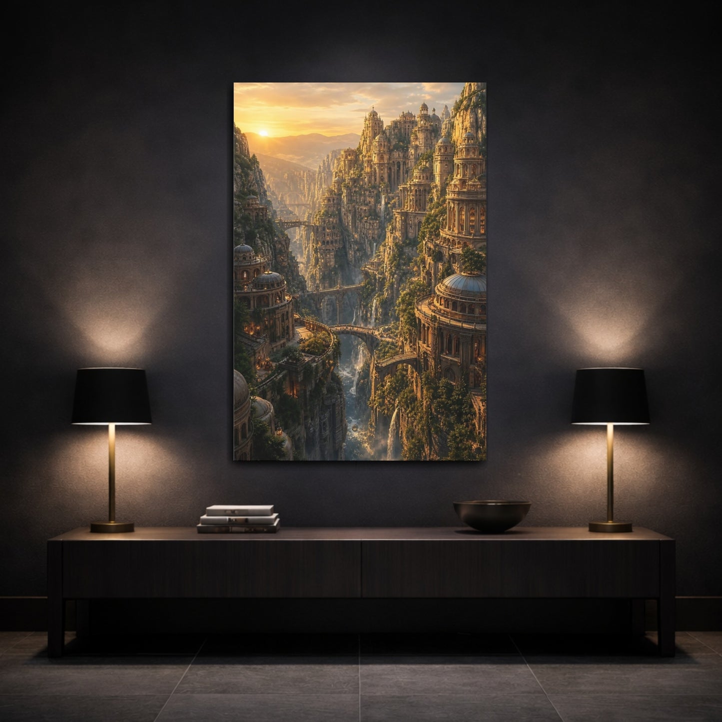 Mockup 3. Sunlit Cliffside City shown as canvas print