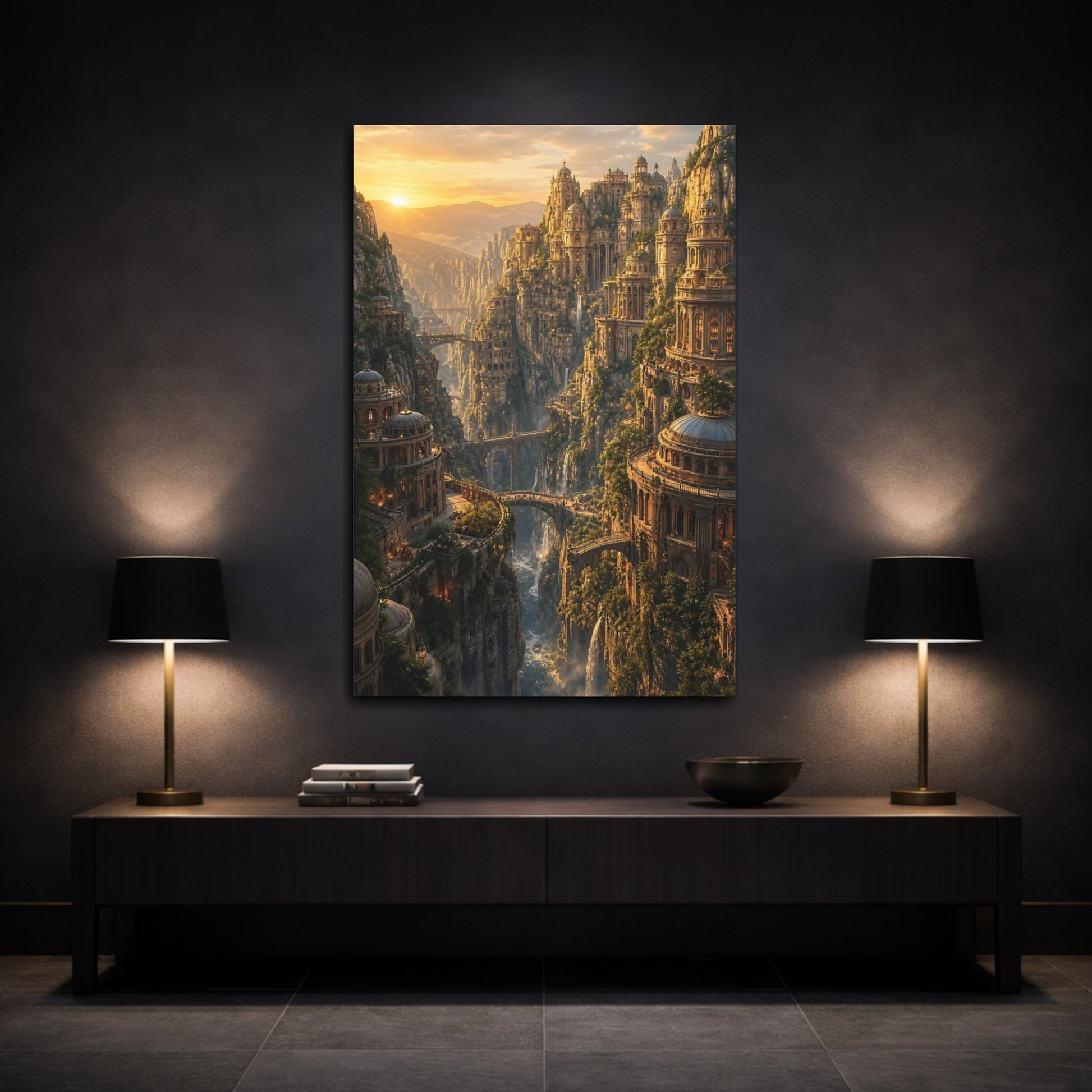 Mockup 3. Sunlit Cliffside City shown as canvas print