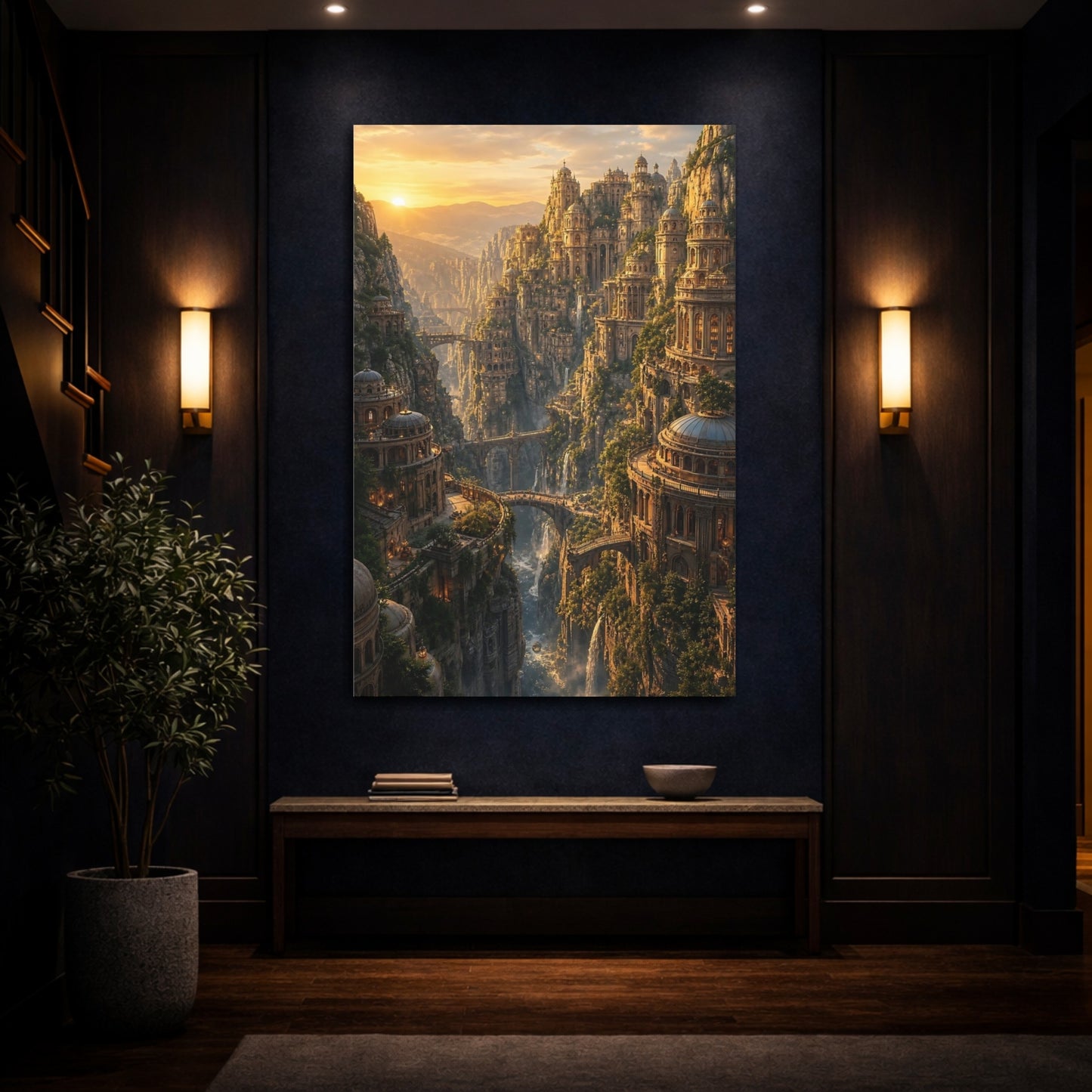 Mockup 4. Sunlit Cliffside City shown as canvas print