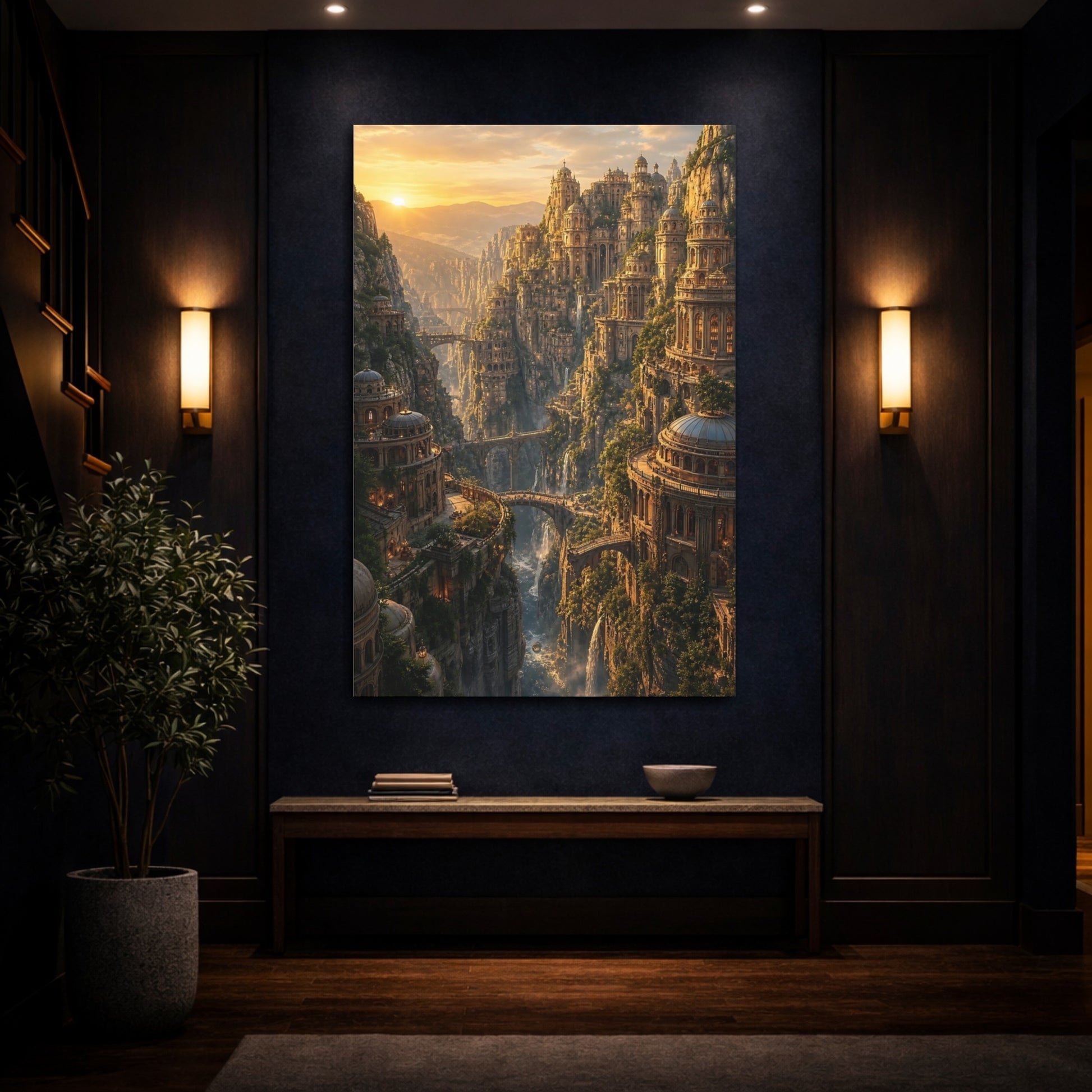 Mockup 4. Sunlit Cliffside City shown as canvas print