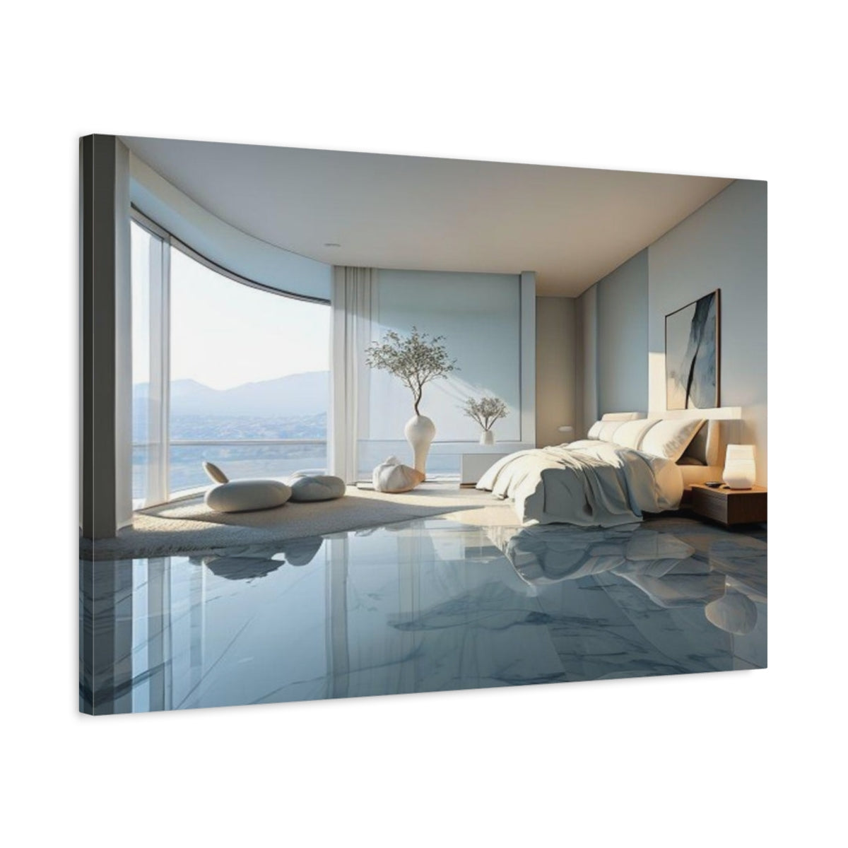 Side Mockup 2. Sunlit Coastal Bedroom shown as canvas print