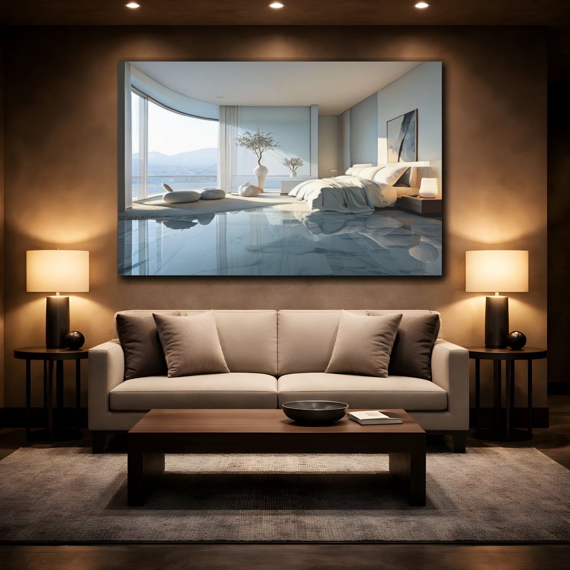 Mockup 2. Sunlit Coastal Bedroom shown as canvas print
