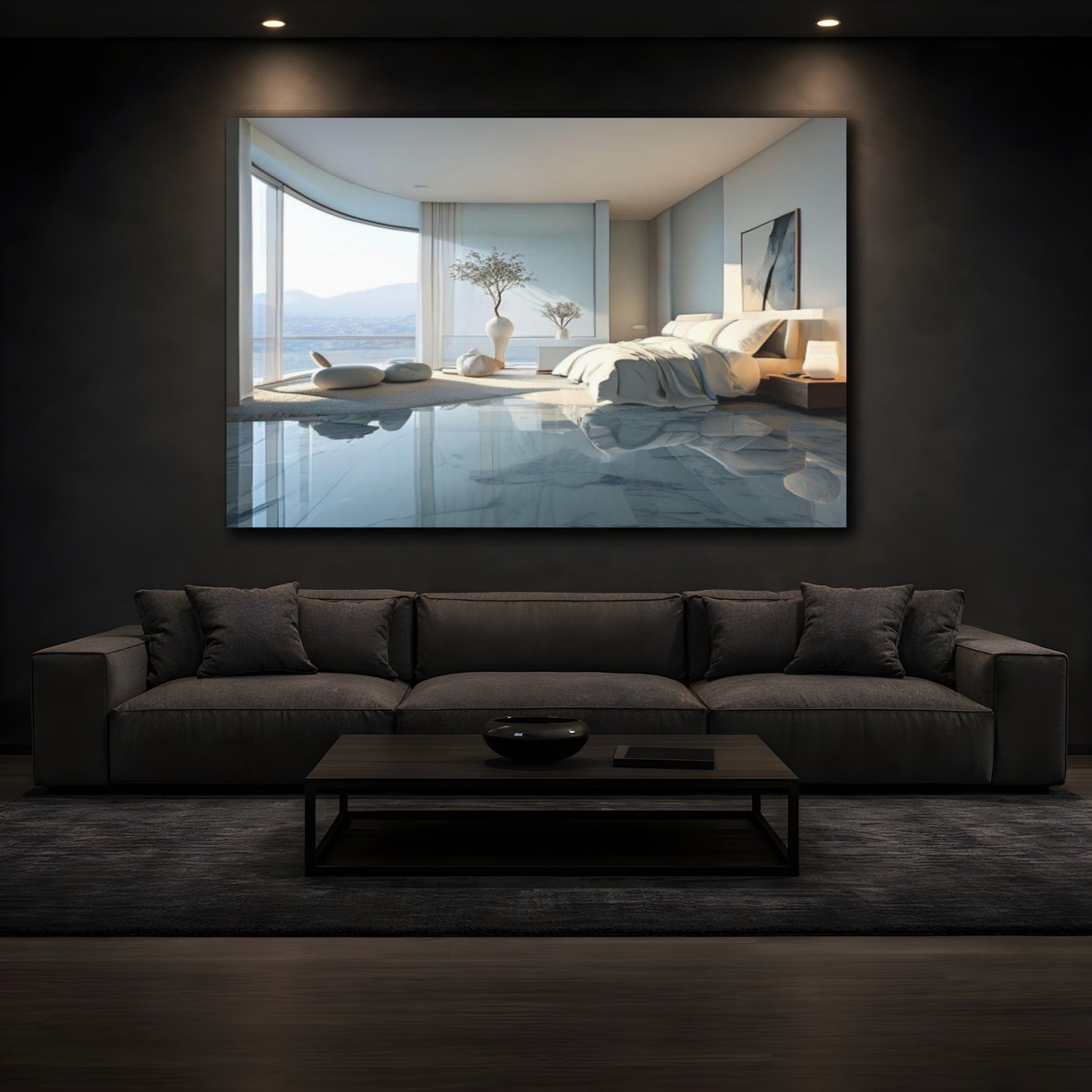 Mockup 3. Sunlit Coastal Bedroom shown as canvas print