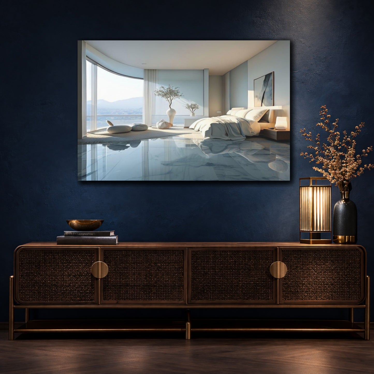 Mockup 4. Sunlit Coastal Bedroom shown as canvas print