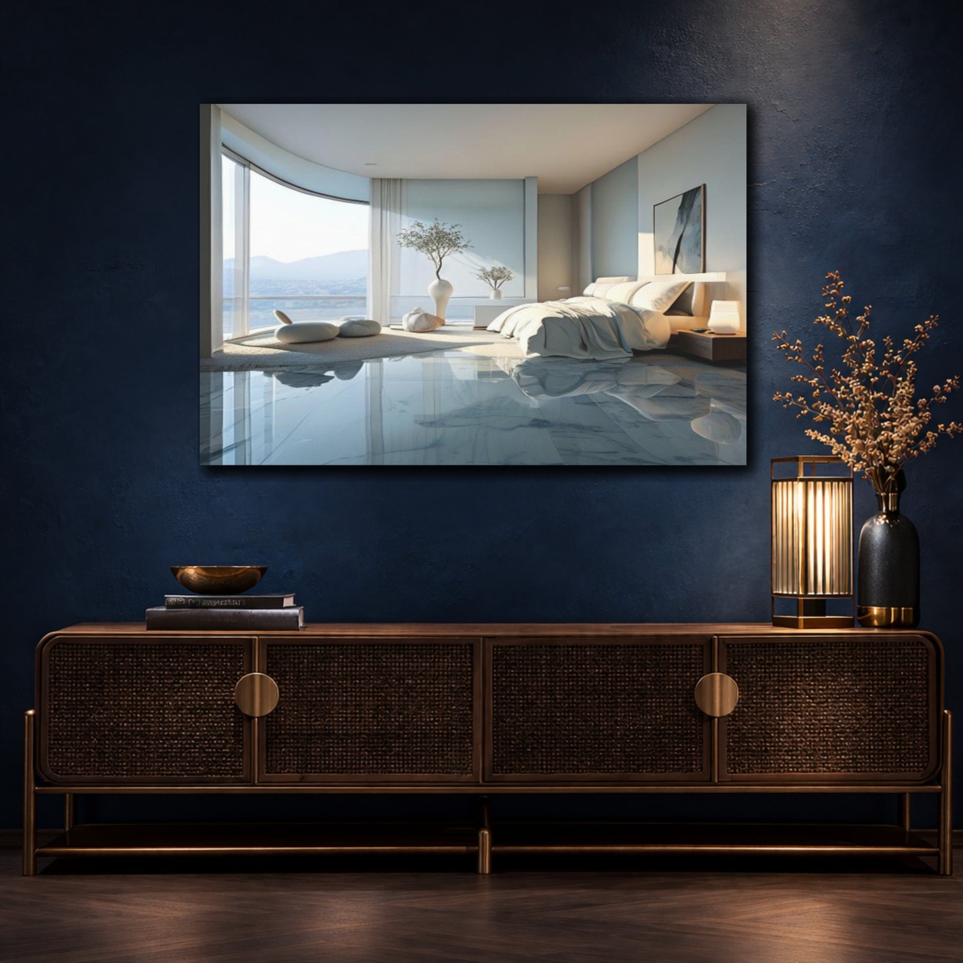 Mockup 4. Sunlit Coastal Bedroom shown as canvas print