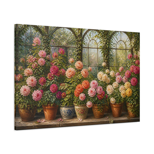 Main Mockup. Sunlit Conservatory Roses shown as canvas print