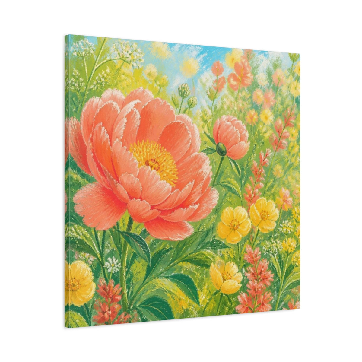 Main Mockup. Sunlit Coral Peony Meadow shown as canvas print
