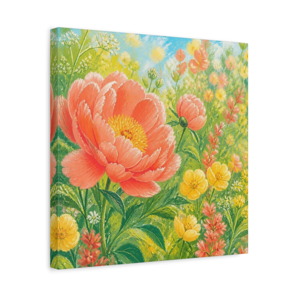 Side Mockup 6. Sunlit Coral Peony Meadow shown as canvas print