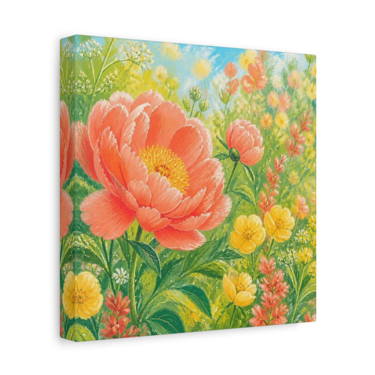 Side Mockup 9. Sunlit Coral Peony Meadow shown as canvas print
