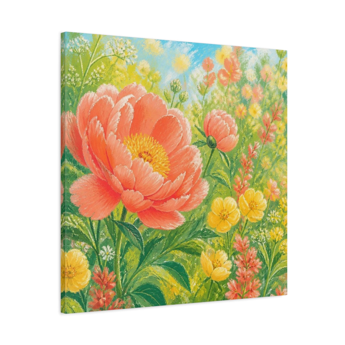 Side Mockup 3. Sunlit Coral Peony Meadow shown as canvas print