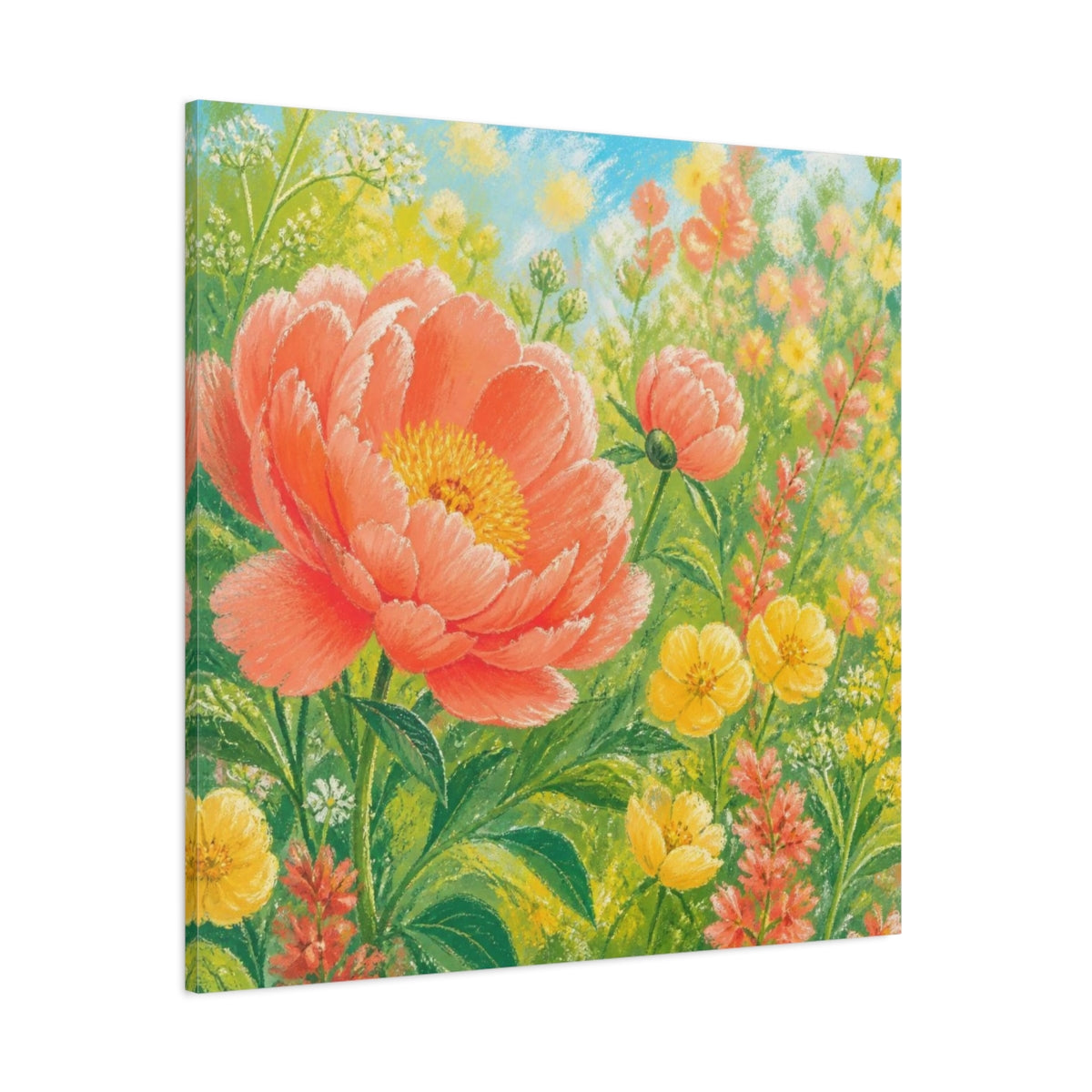 Side Mockup 1. Sunlit Coral Peony Meadow shown as canvas print