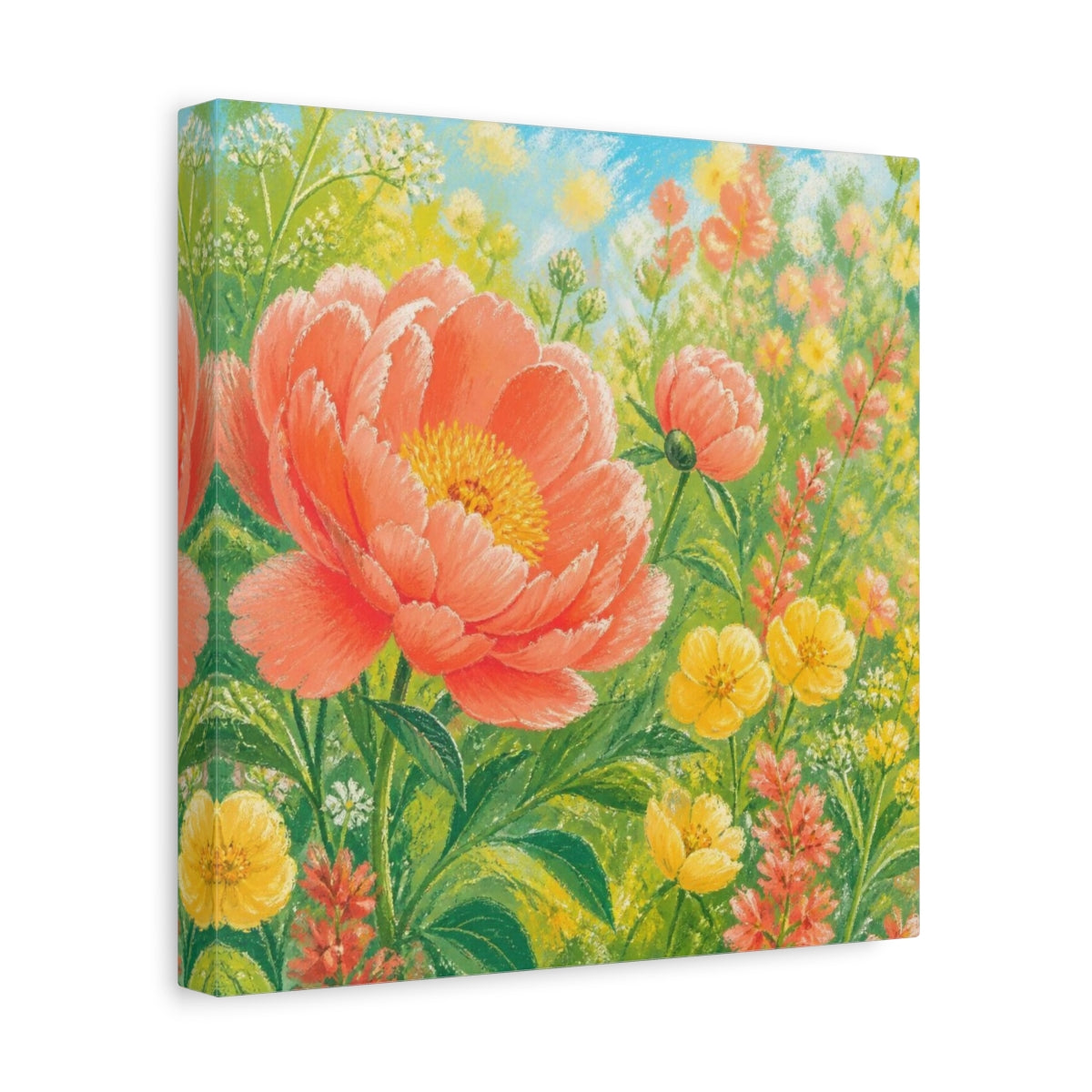 Side Mockup 8. Sunlit Coral Peony Meadow shown as canvas print