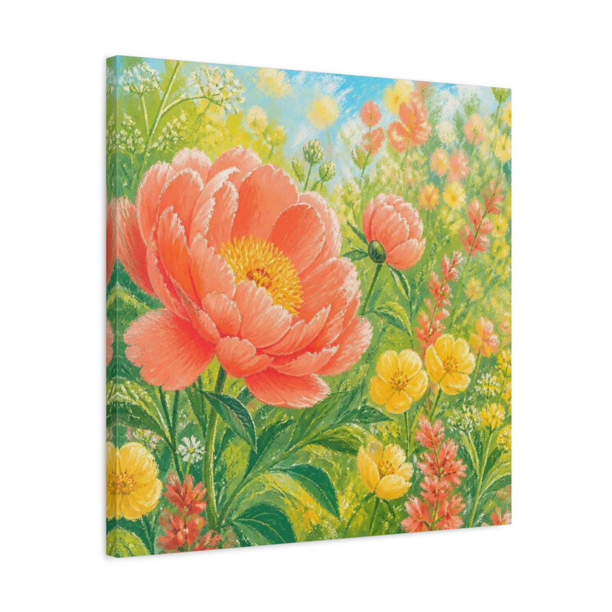 Side Mockup 4. Sunlit Coral Peony Meadow shown as canvas print
