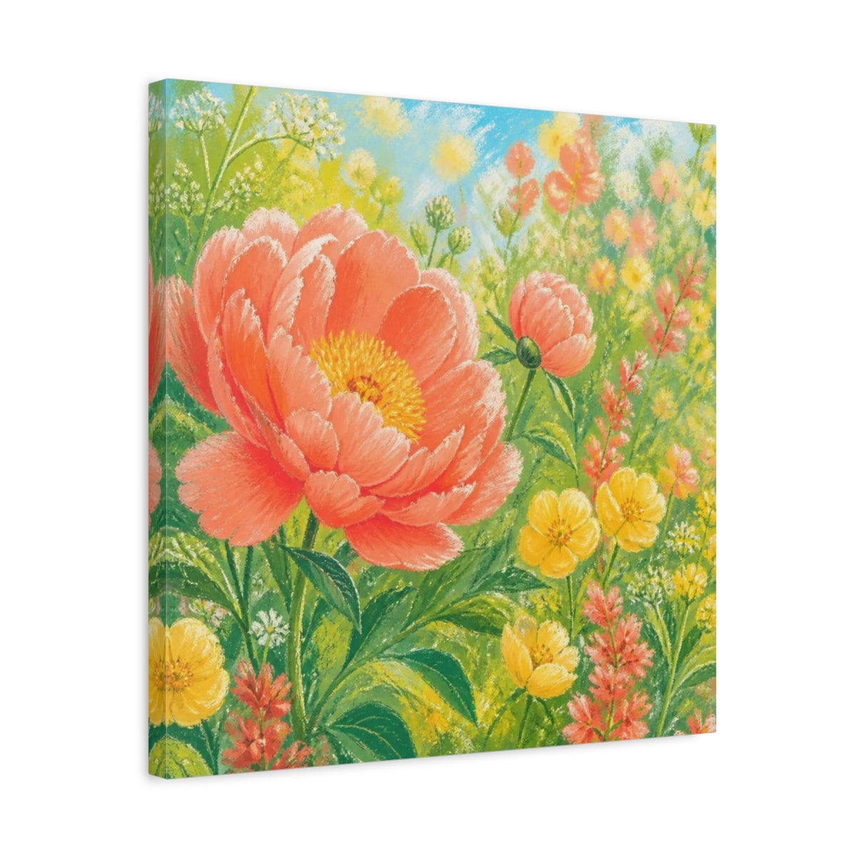 Side Mockup 5. Sunlit Coral Peony Meadow shown as canvas print