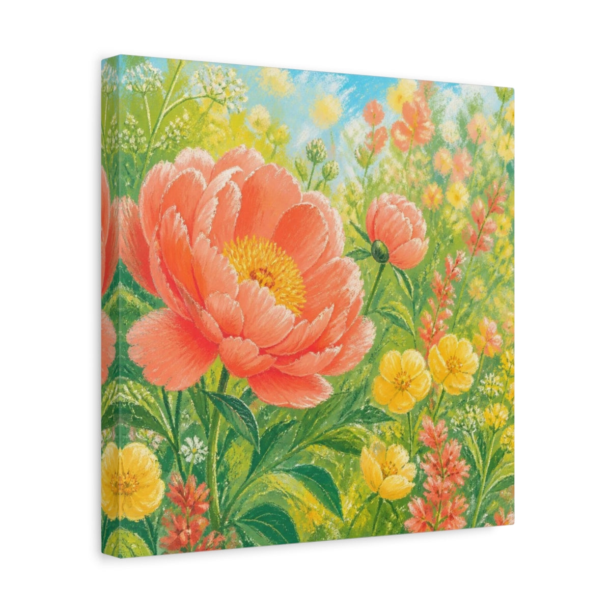 Side Mockup 7. Sunlit Coral Peony Meadow shown as canvas print