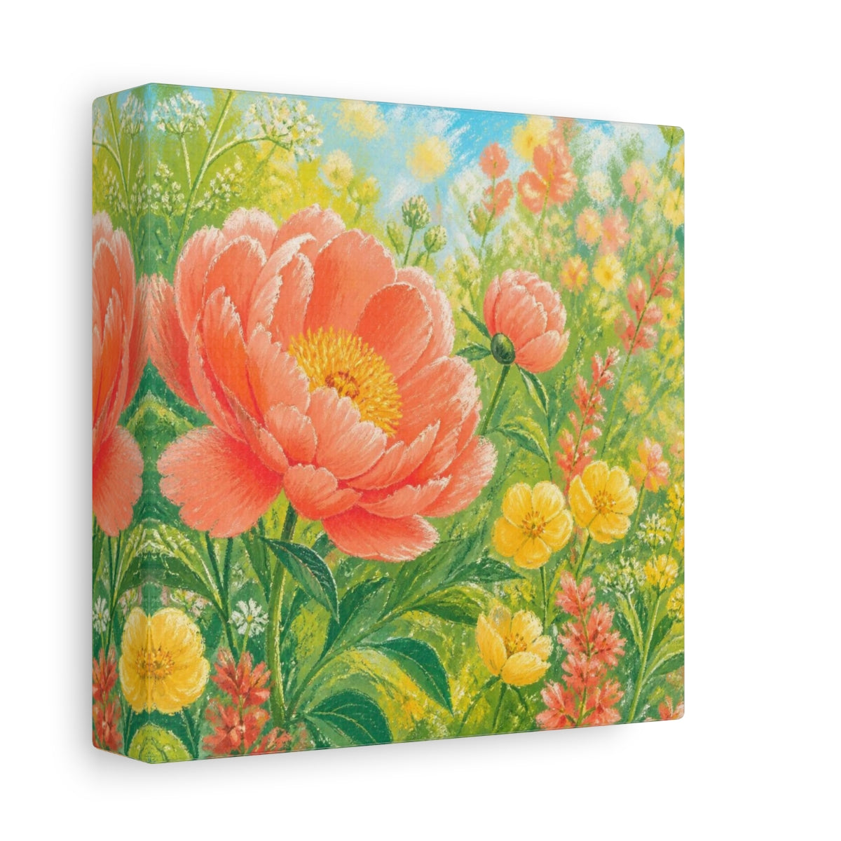 Side Mockup 2. Sunlit Coral Peony Meadow shown as canvas print
