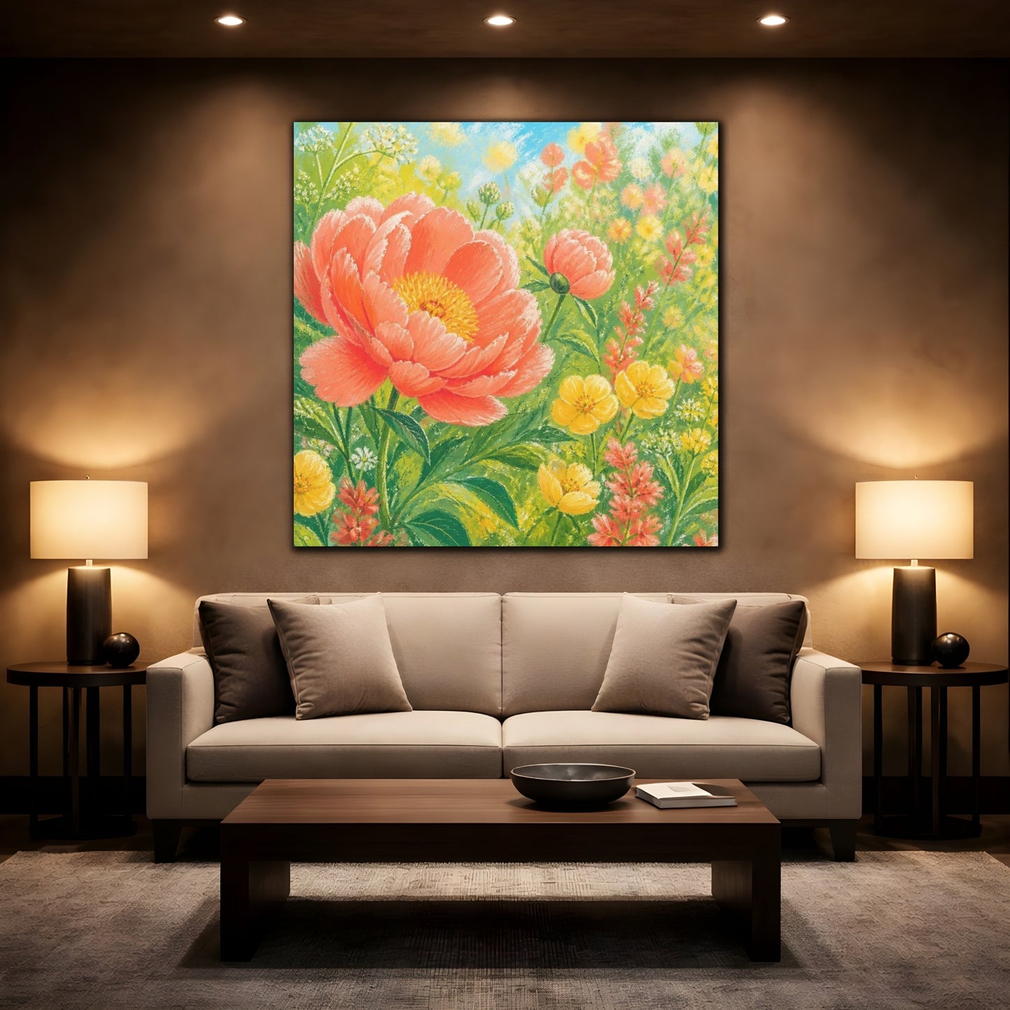 Mockup 2. Sunlit Coral Peony Meadow shown as canvas print