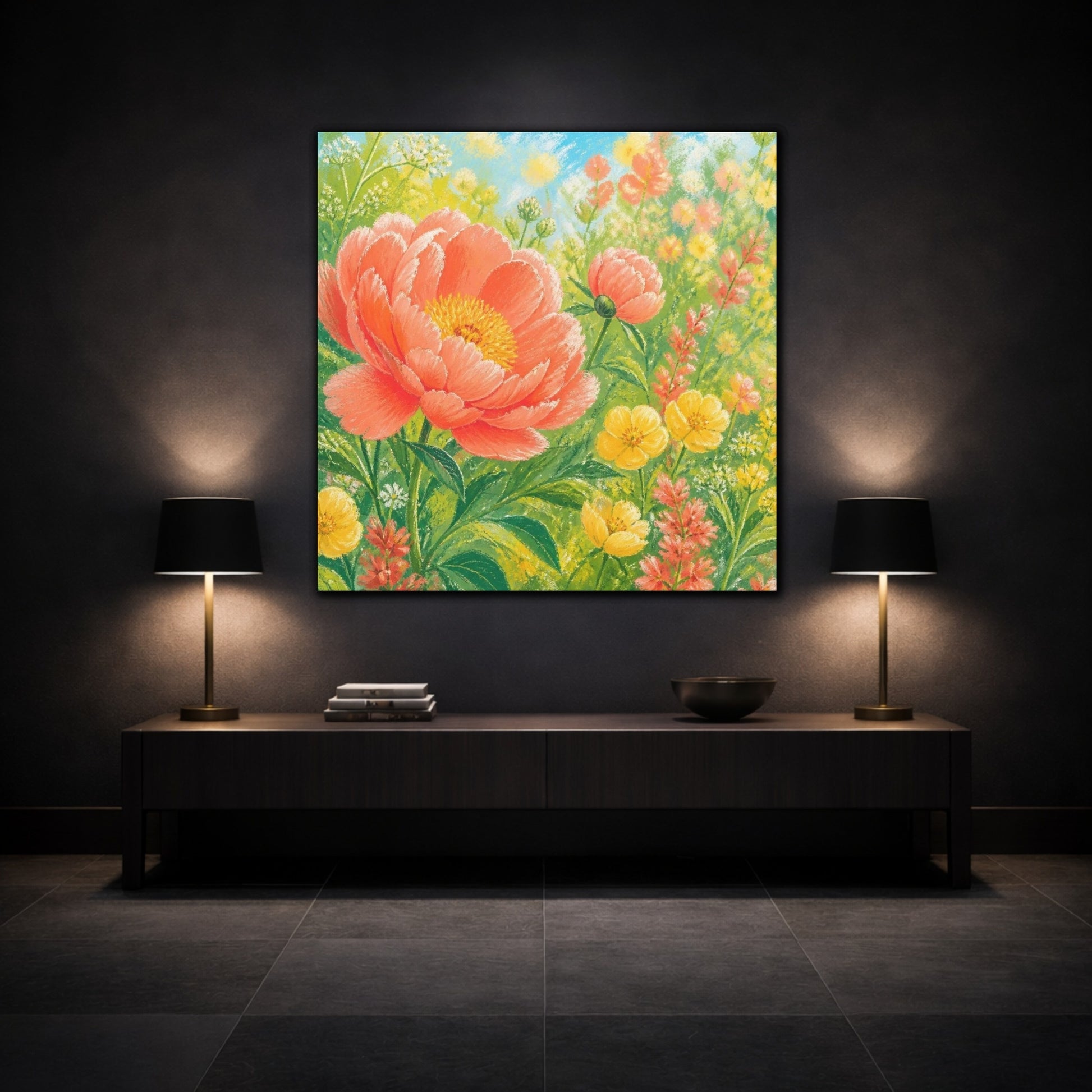 Mockup 3. Sunlit Coral Peony Meadow shown as canvas print