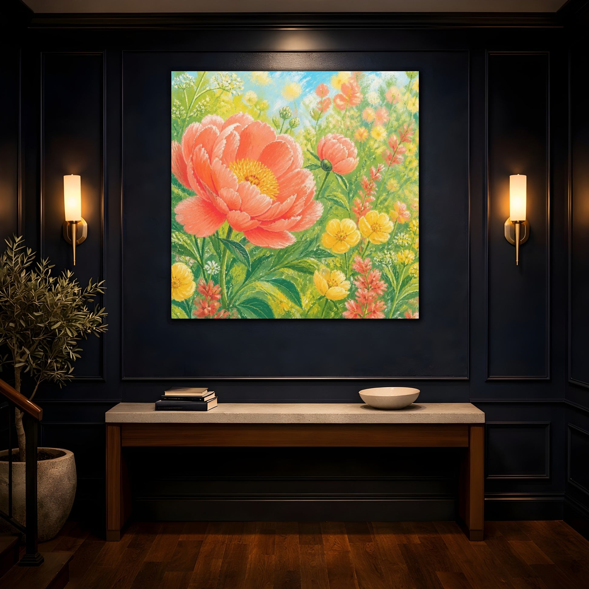 Mockup 4. Sunlit Coral Peony Meadow shown as canvas print