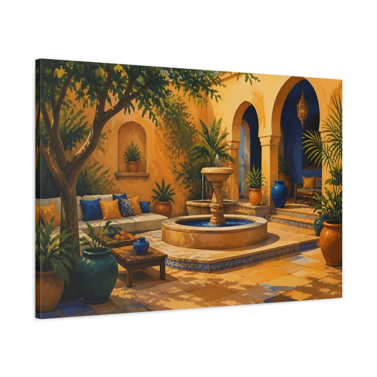 Main Mockup. Sunlit Courtyard Fountain shown as canvas print