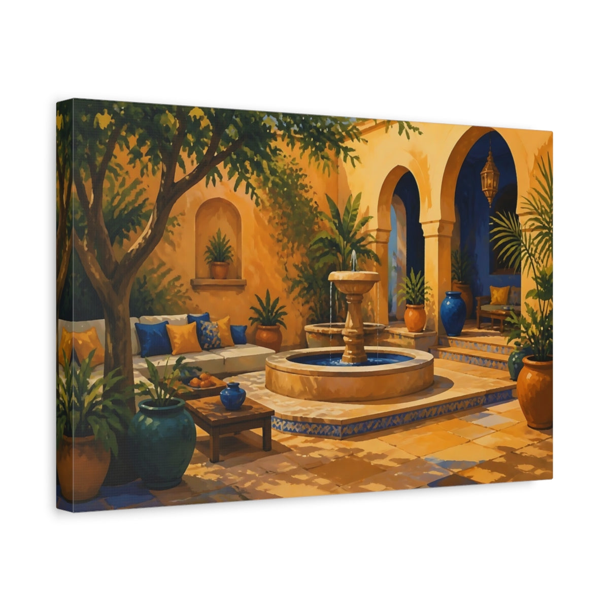 Side Mockup 4. Sunlit Courtyard Fountain shown as canvas print