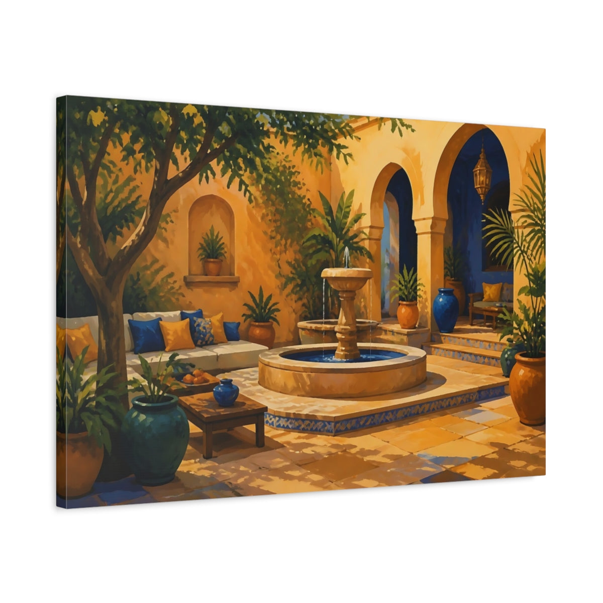 Side Mockup 2. Sunlit Courtyard Fountain shown as canvas print