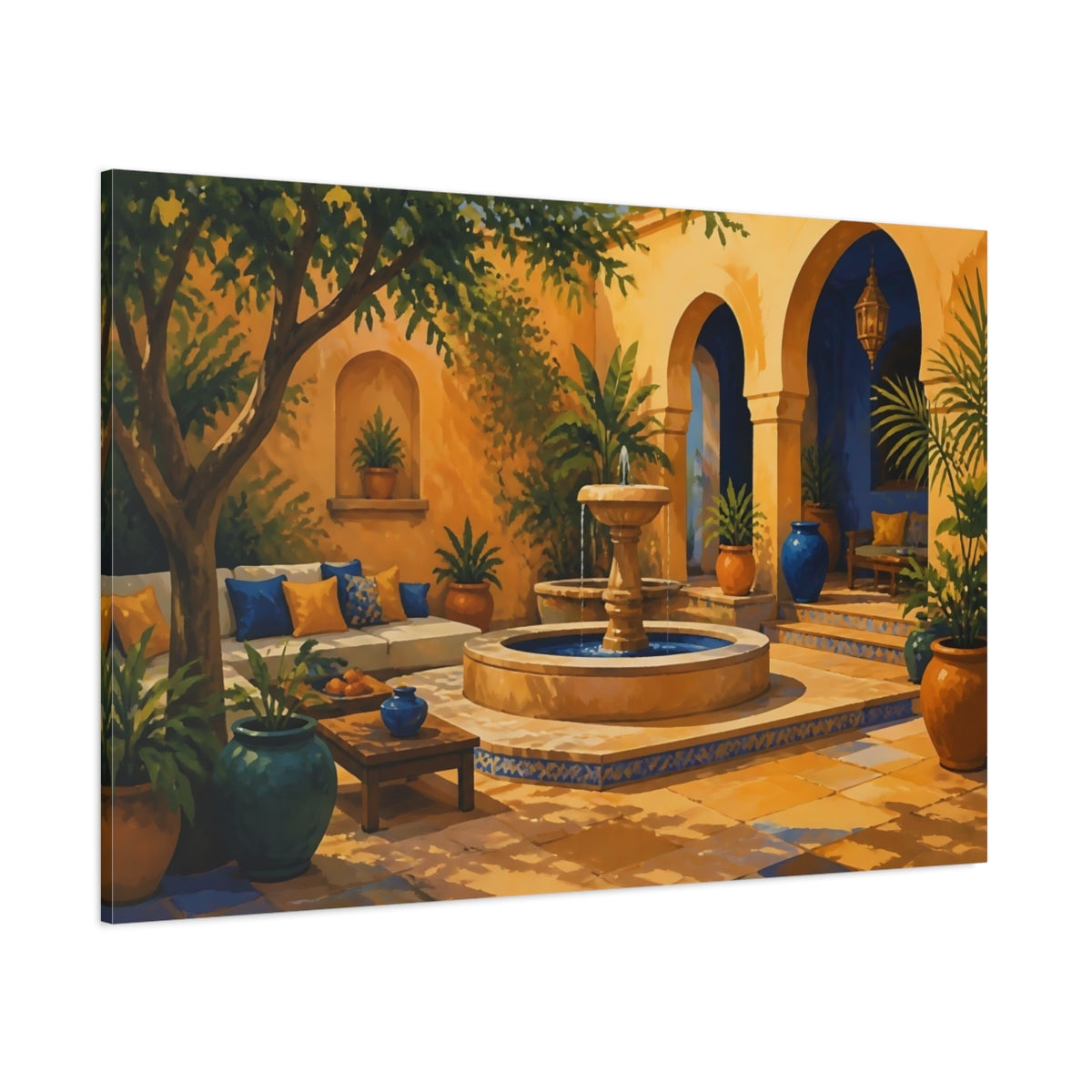 Side Mockup 1. Sunlit Courtyard Fountain shown as canvas print