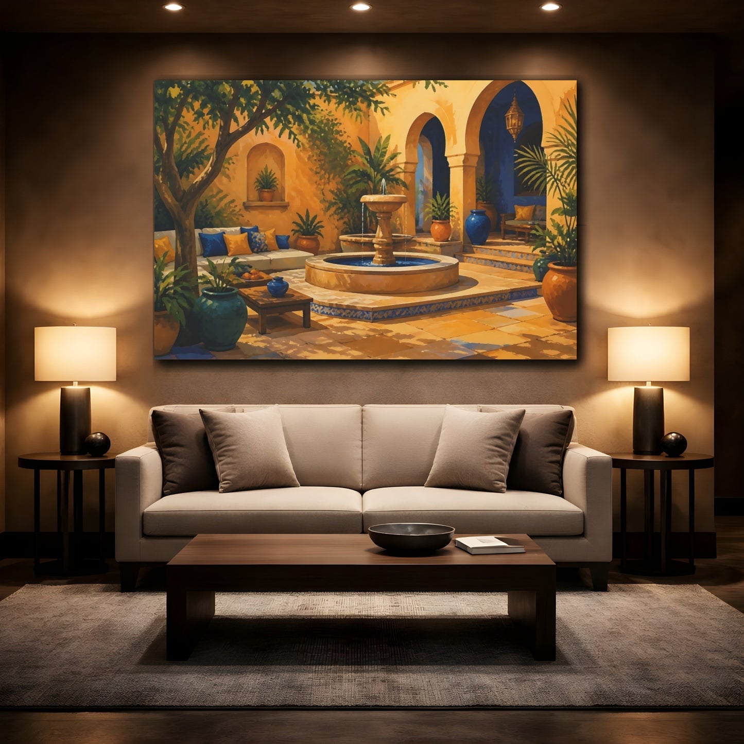 Mockup 2. Sunlit Courtyard Fountain shown as canvas print