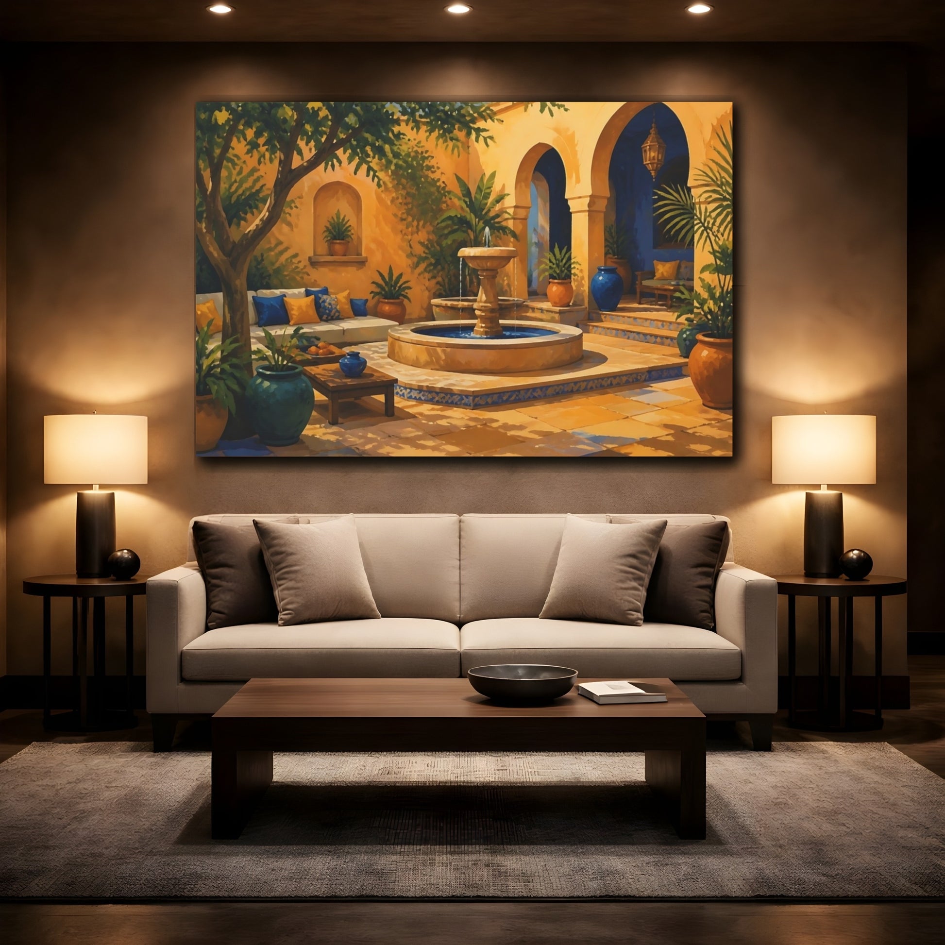 Mockup 2. Sunlit Courtyard Fountain shown as canvas print