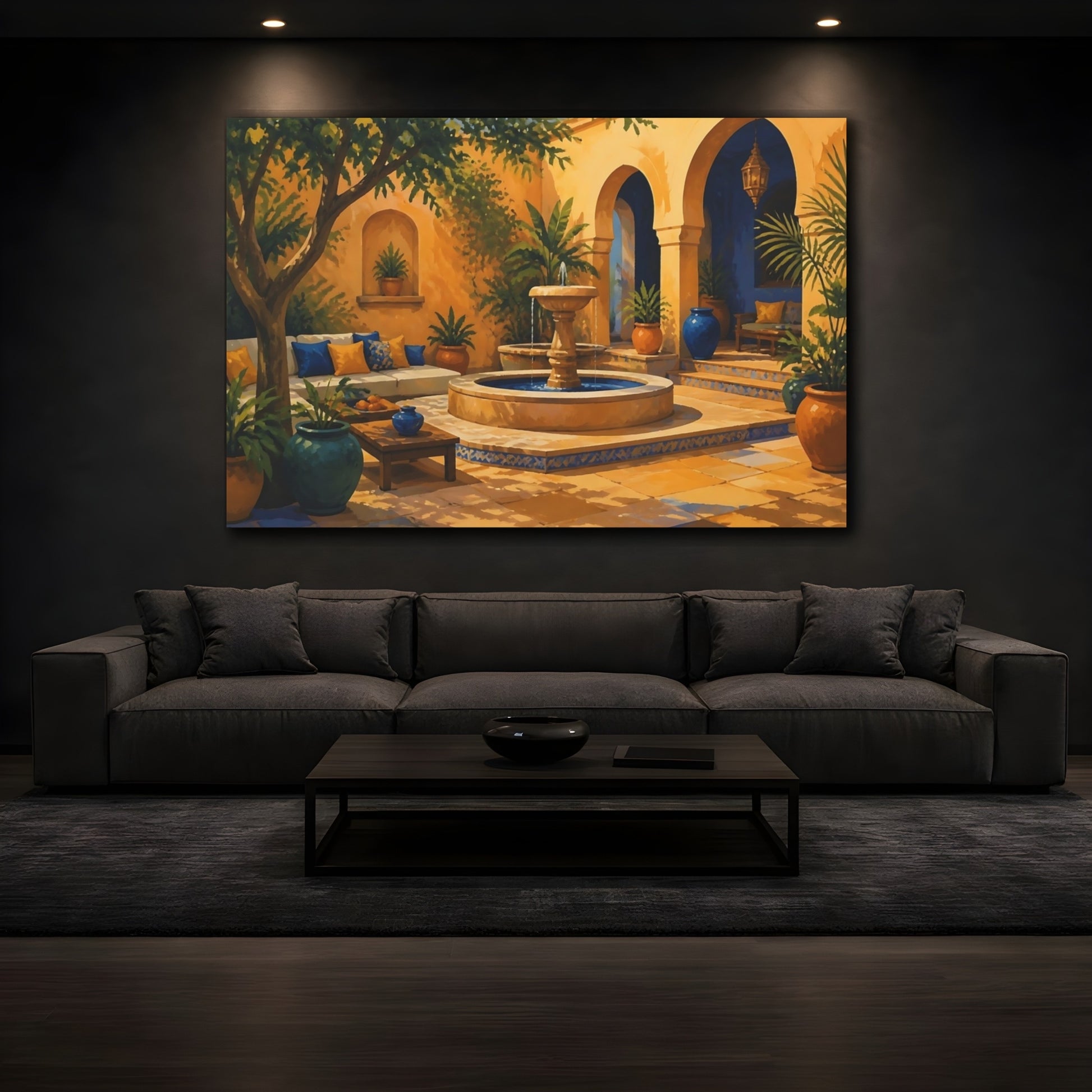 Mockup 3. Sunlit Courtyard Fountain shown as canvas print