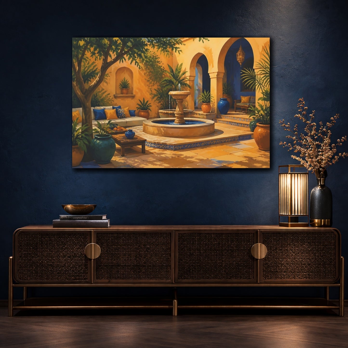 Mockup 4. Sunlit Courtyard Fountain shown as canvas print