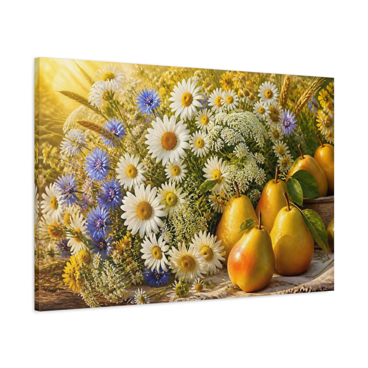 Main Mockup. Sunlit Daisies And Pears shown as canvas print