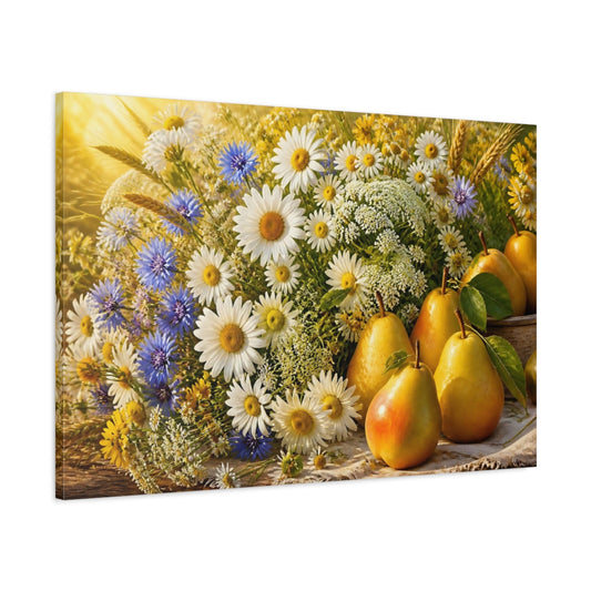 Main Mockup. Sunlit Daisies And Pears shown as canvas print