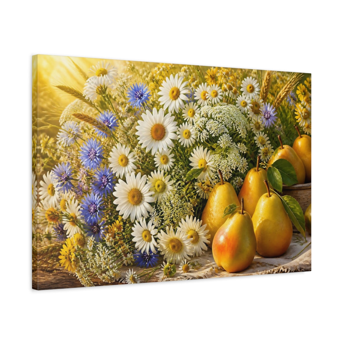 Side Mockup 2. Sunlit Daisies And Pears shown as canvas print