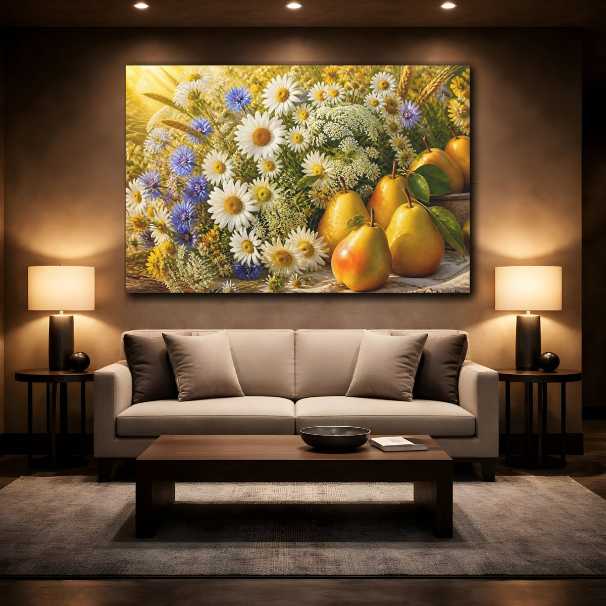 Mockup 2. Sunlit Daisies And Pears shown as canvas print
