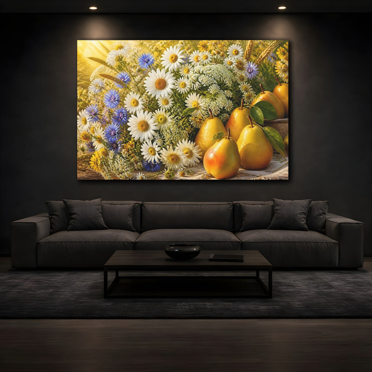 Mockup 3. Sunlit Daisies And Pears shown as canvas print