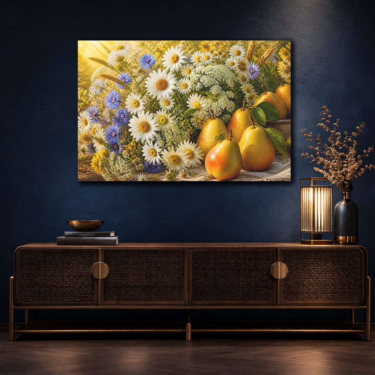 Mockup 4. Sunlit Daisies And Pears shown as canvas print