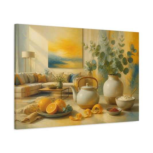 Main Mockup. Sunlit Eucalyptus And Citrus shown as canvas print
