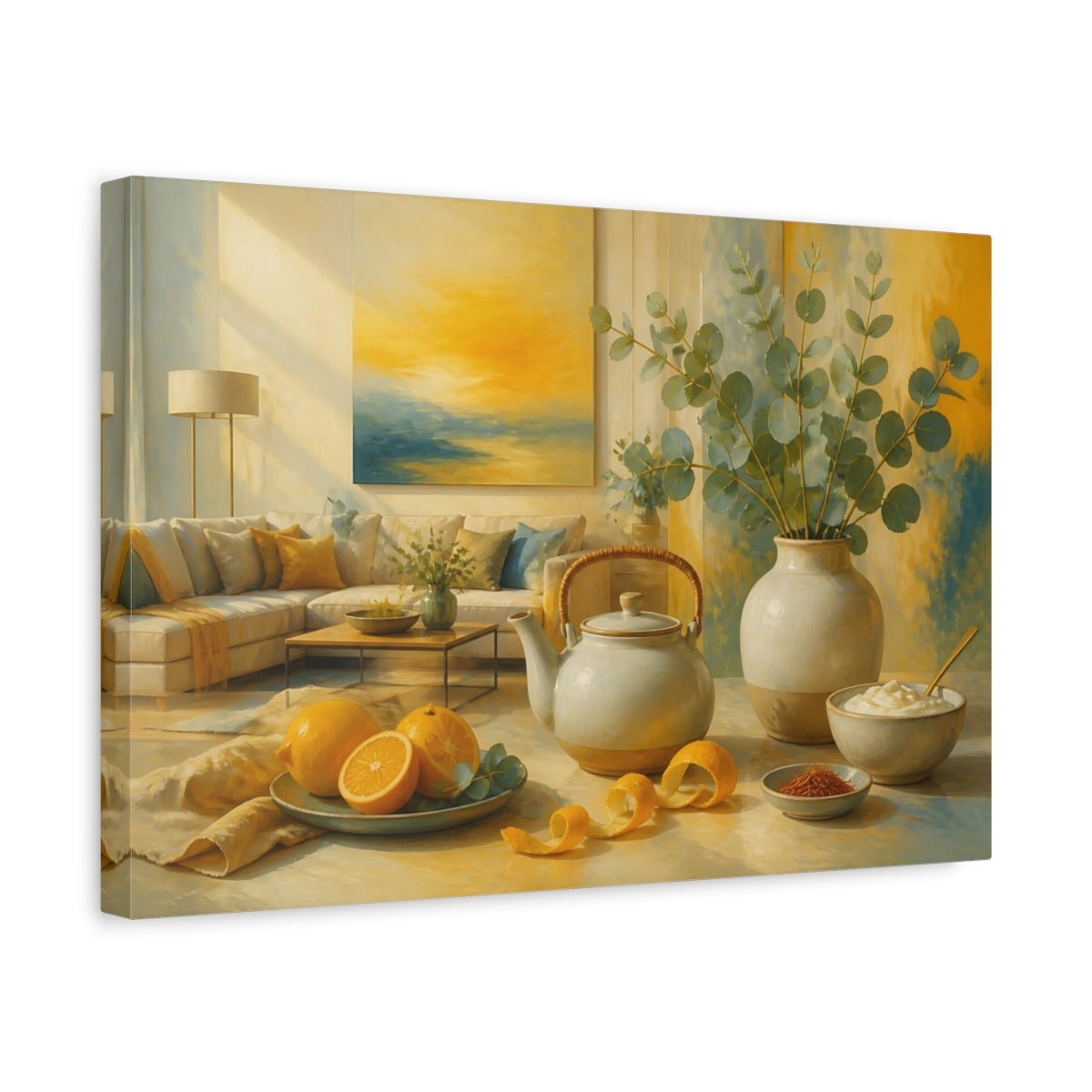 Side Mockup 4. Sunlit Eucalyptus And Citrus shown as canvas print
