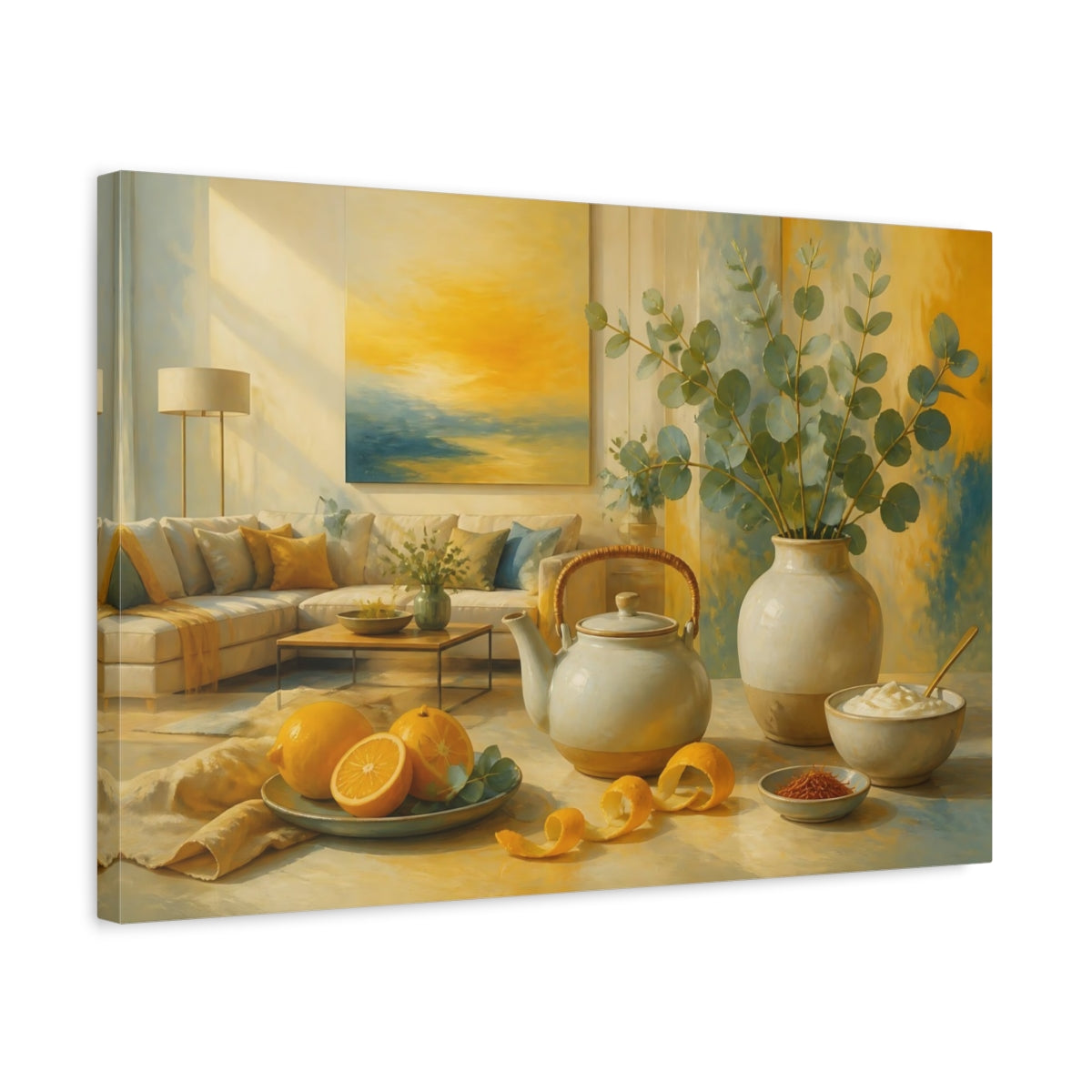 Side Mockup 3. Sunlit Eucalyptus And Citrus shown as canvas print