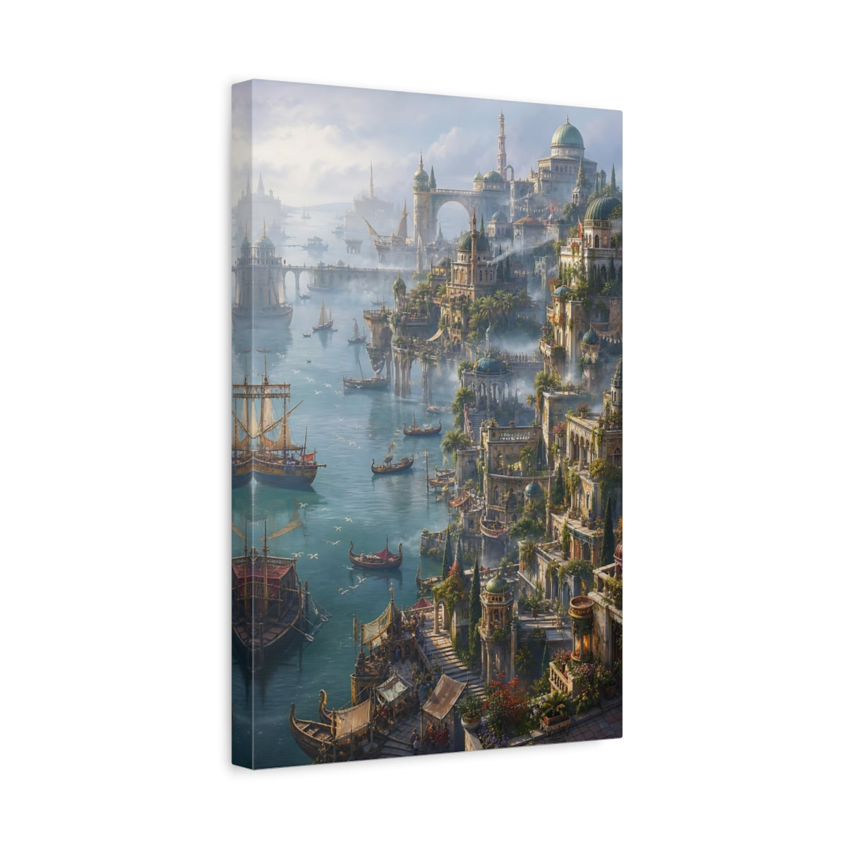 Side Mockup 4. Sunlit Harbor Citadel shown as canvas print