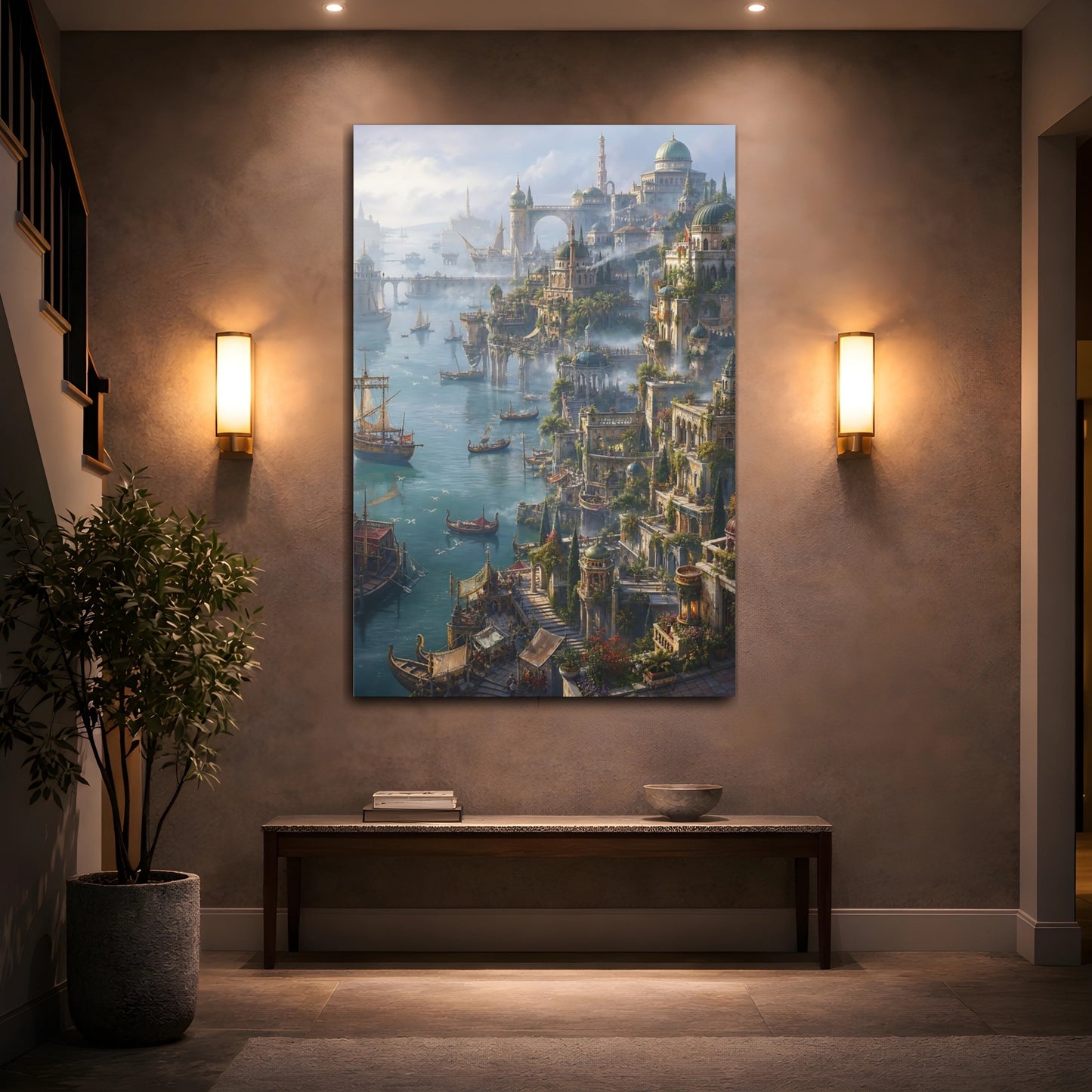 Mockup 2. Sunlit Harbor Citadel shown as canvas print