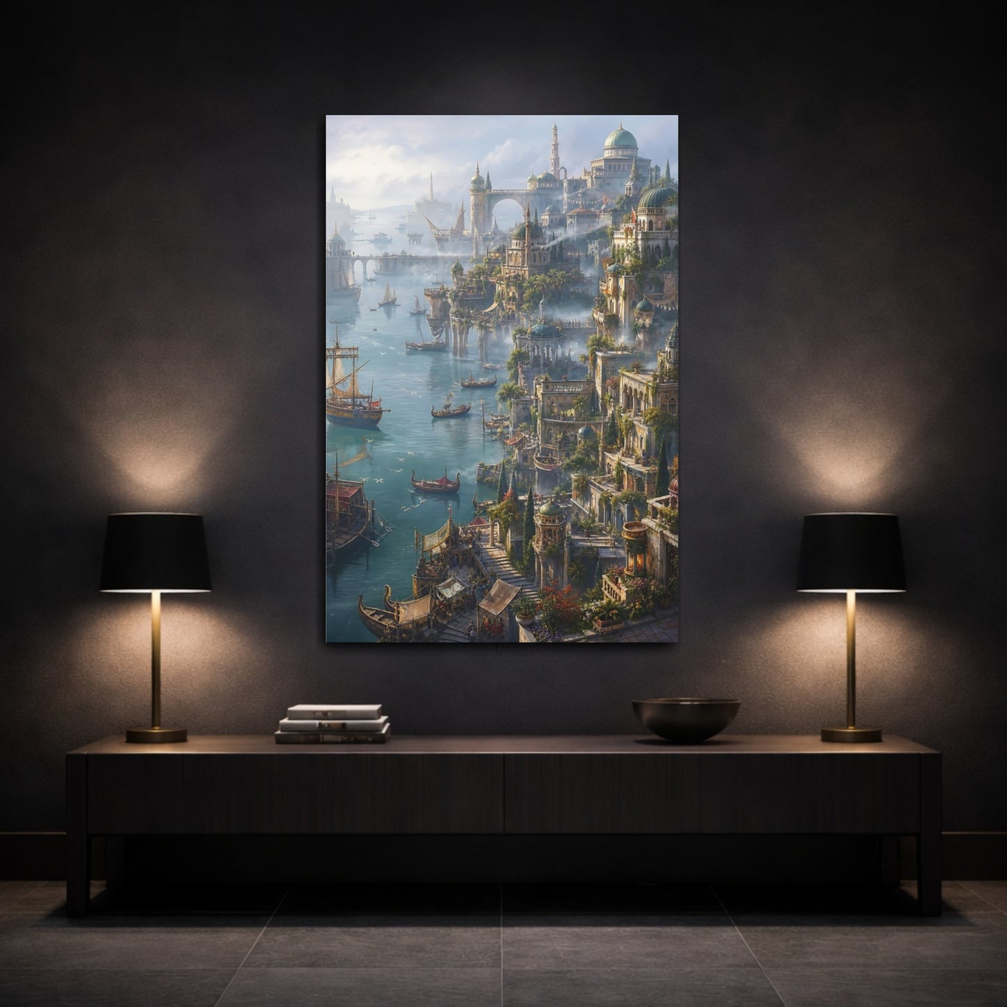 Mockup 3. Sunlit Harbor Citadel shown as canvas print
