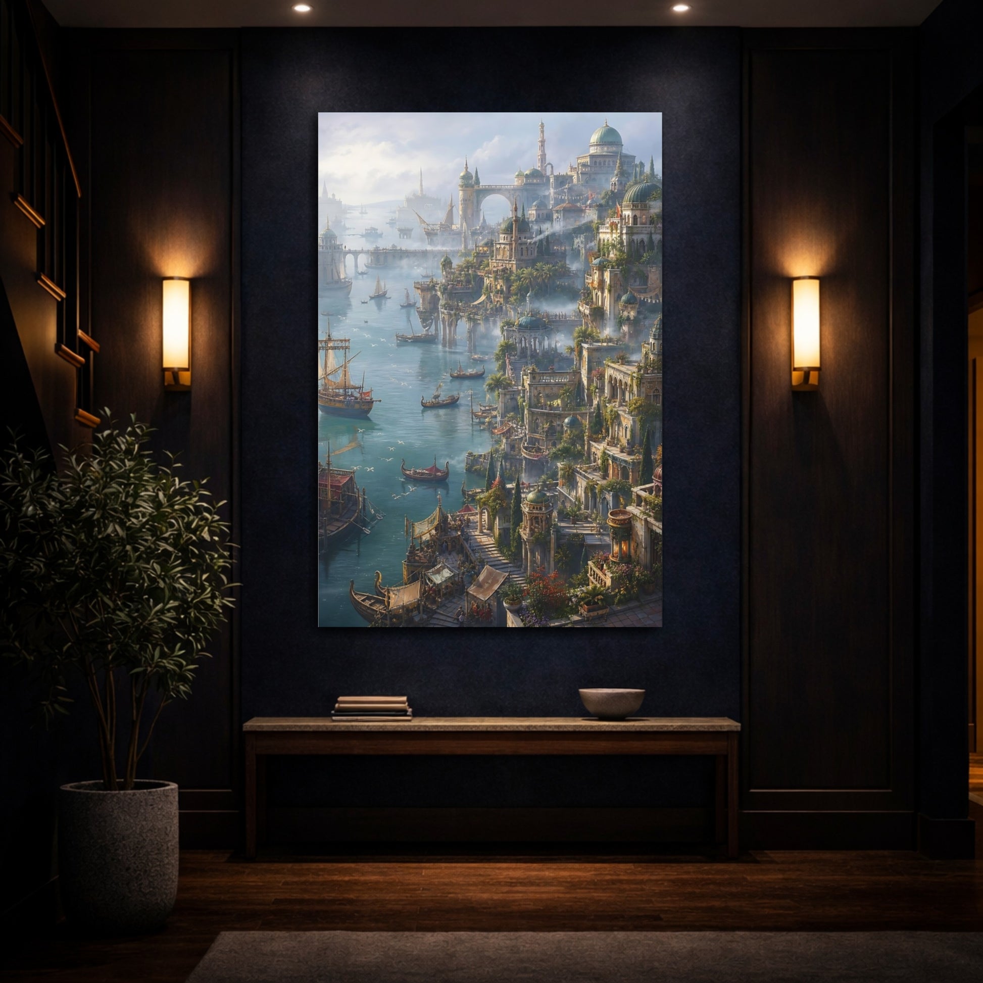 Mockup 4. Sunlit Harbor Citadel shown as canvas print