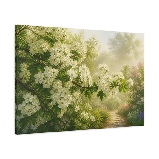 Main Mockup. Sunlit Hawthorn Blossom Path shown as canvas print