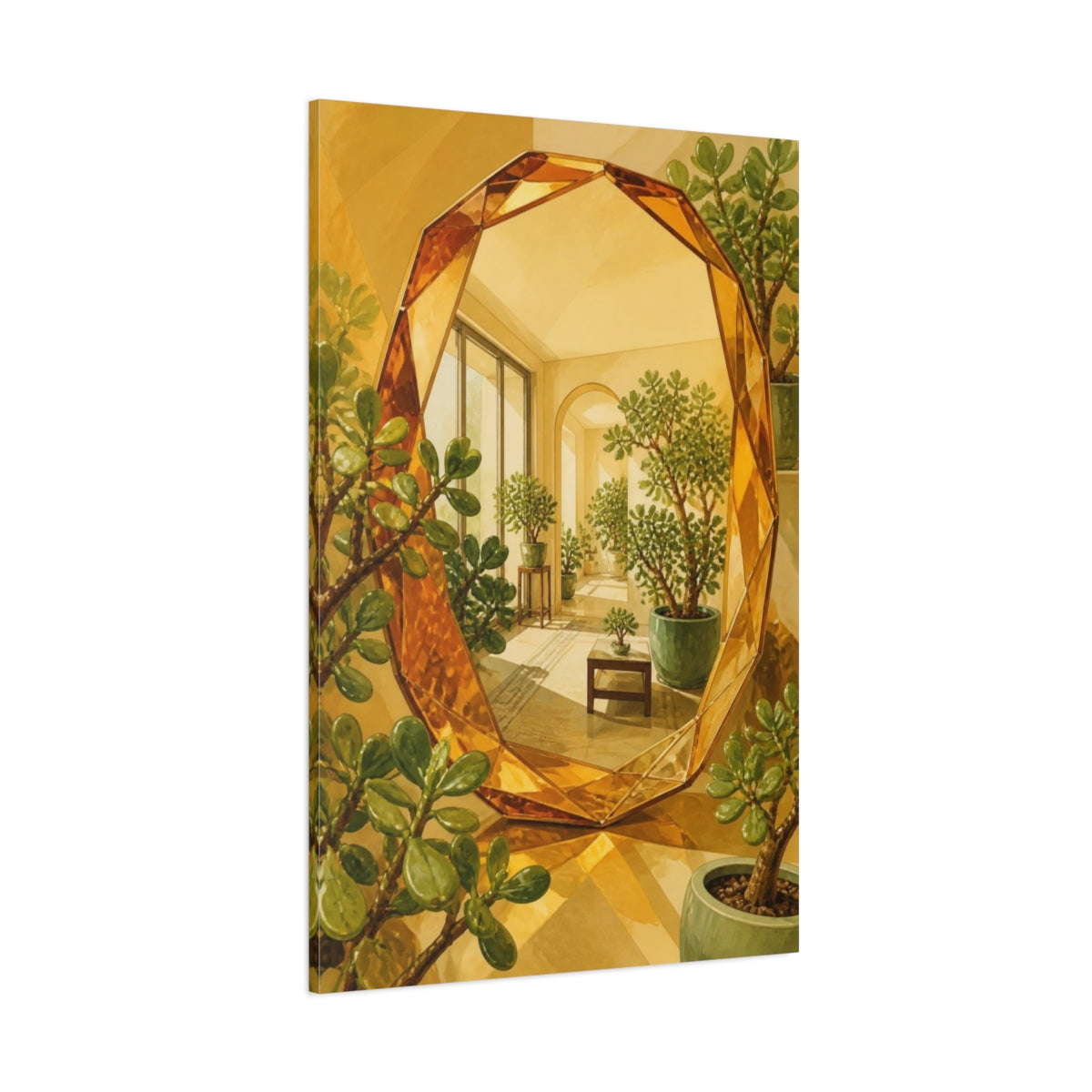 Side Mockup 1. Sunlit Jade Mirror shown as canvas print