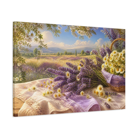 Main Mockup. Sunlit Lavender & Daisies shown as canvas print
