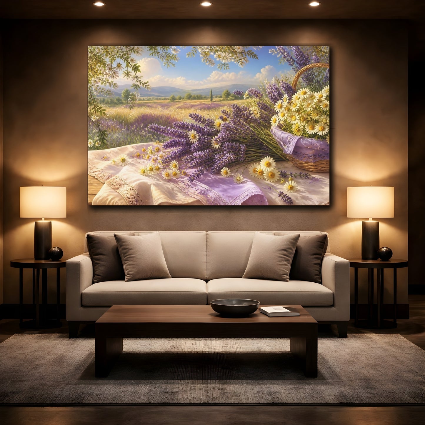Mockup 2. Sunlit Lavender & Daisies shown as canvas print