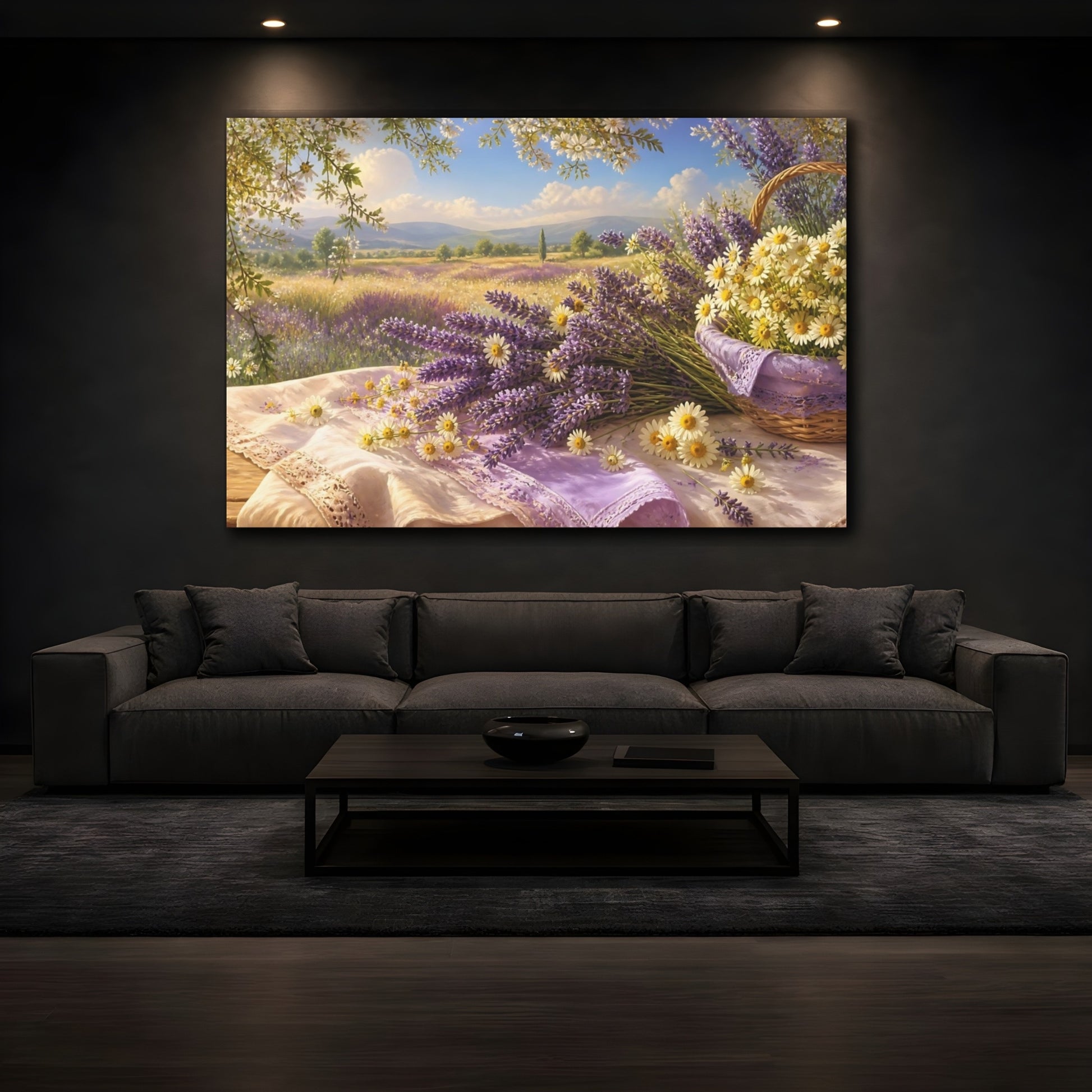 Mockup 3. Sunlit Lavender & Daisies shown as canvas print