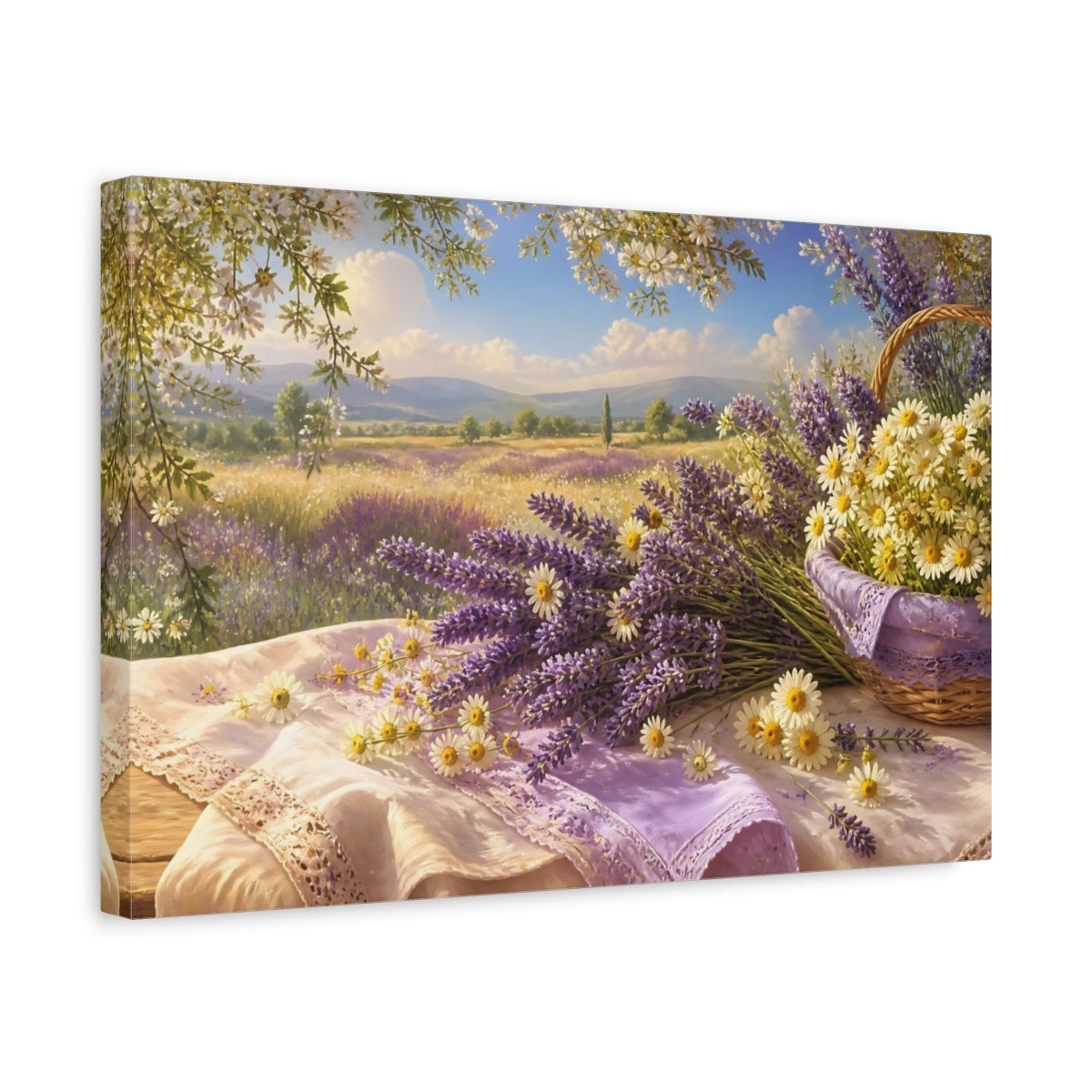 Side Mockup 4. Sunlit Lavender & Daisies shown as canvas print
